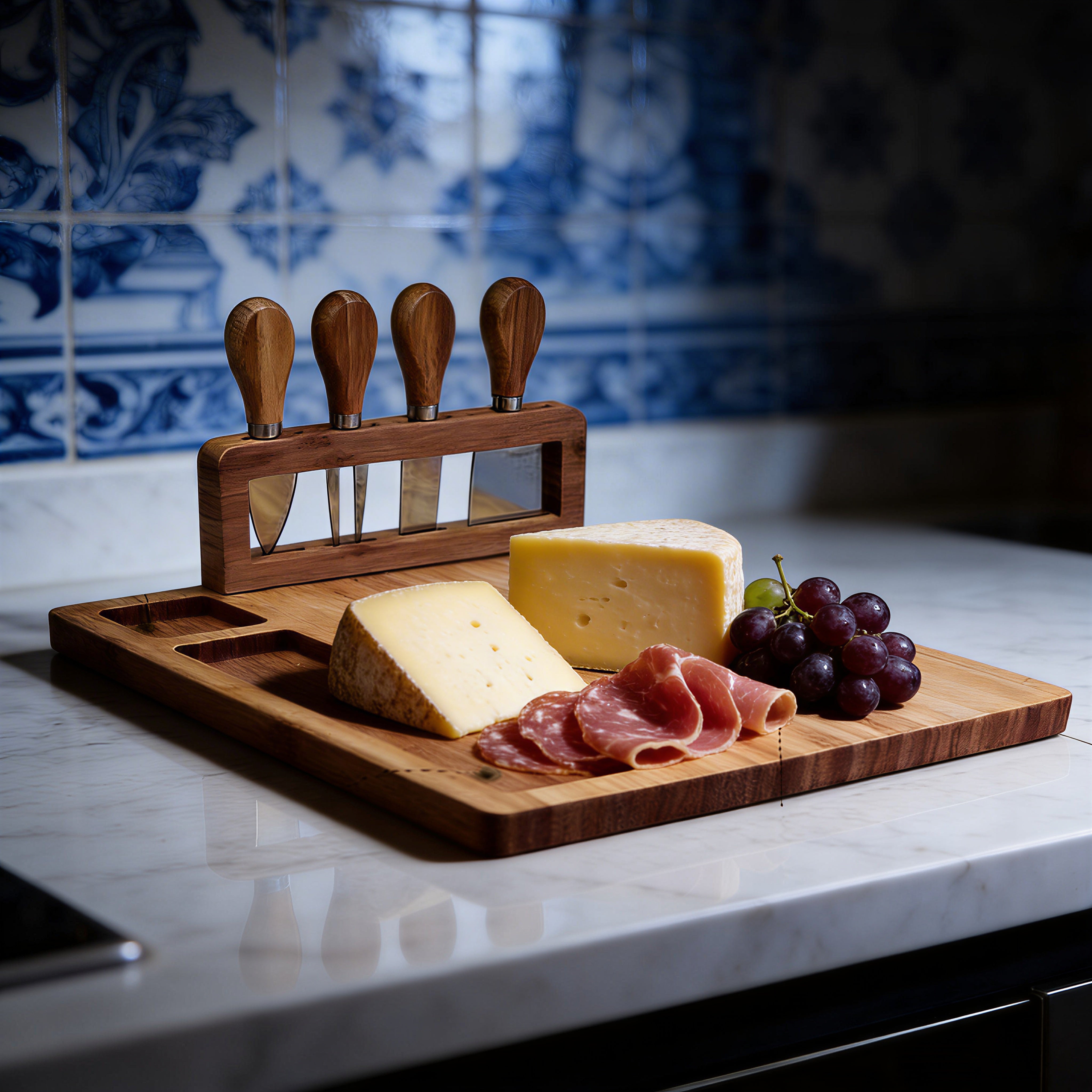 Tabla de quesos LusoGourmet con utensilios