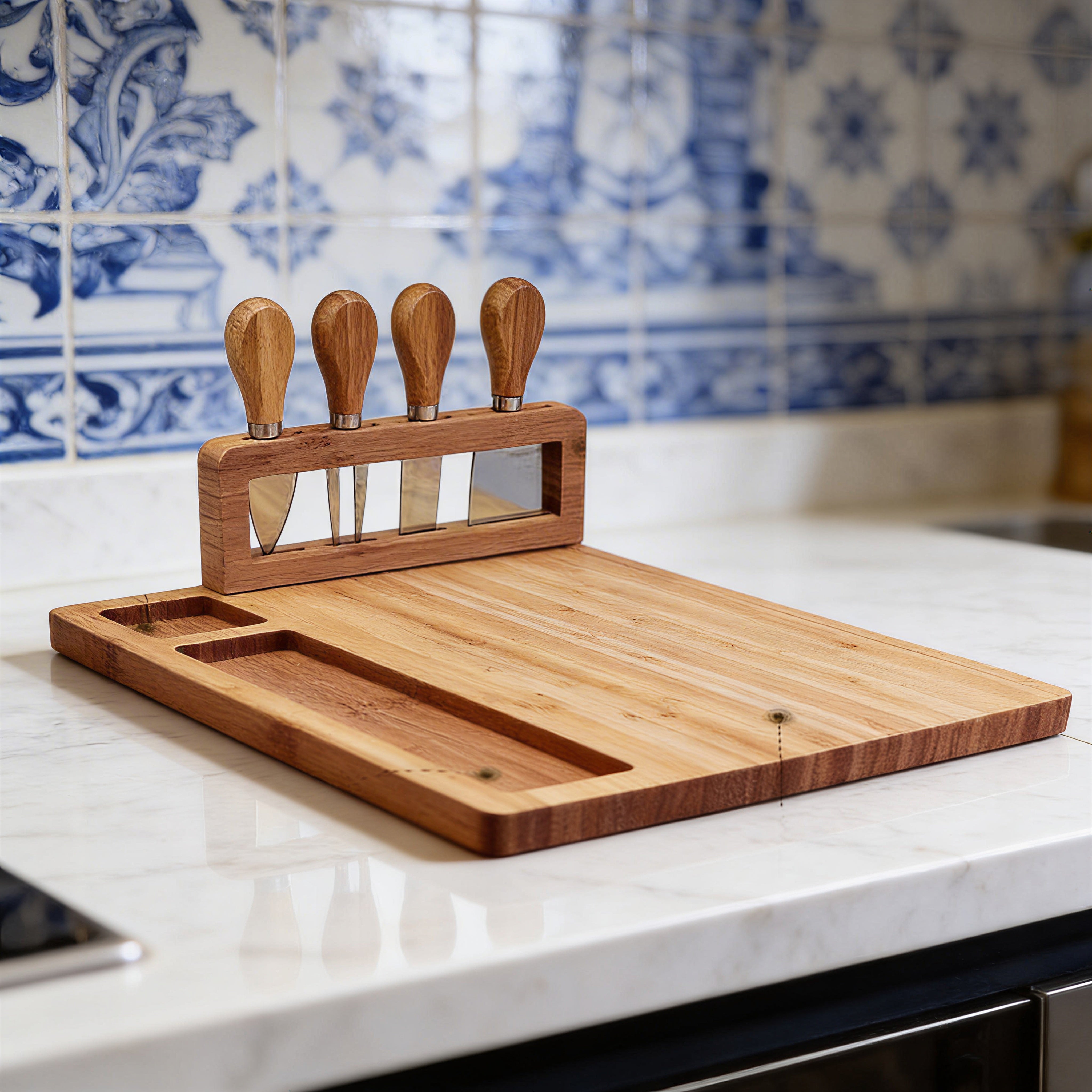 Tabla de quesos LusoGourmet con utensilios